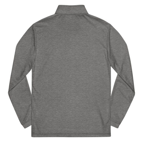 A gray quarter-zip pullover sweatshirt.