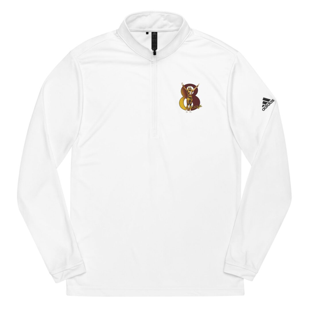 White turtleneck sweatshirt with a brown bear logo.