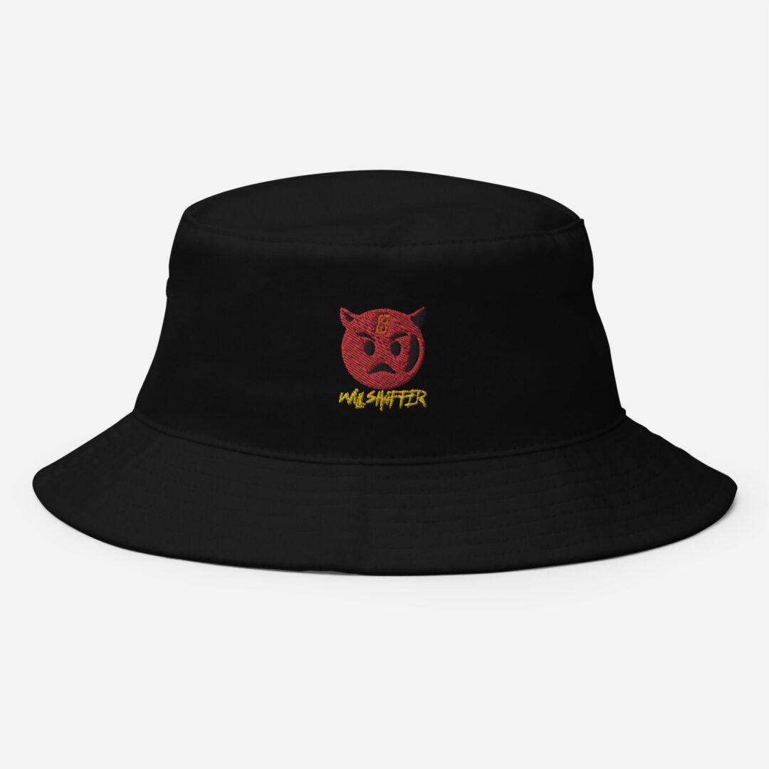 A black bucket hat with an image of a red devil.