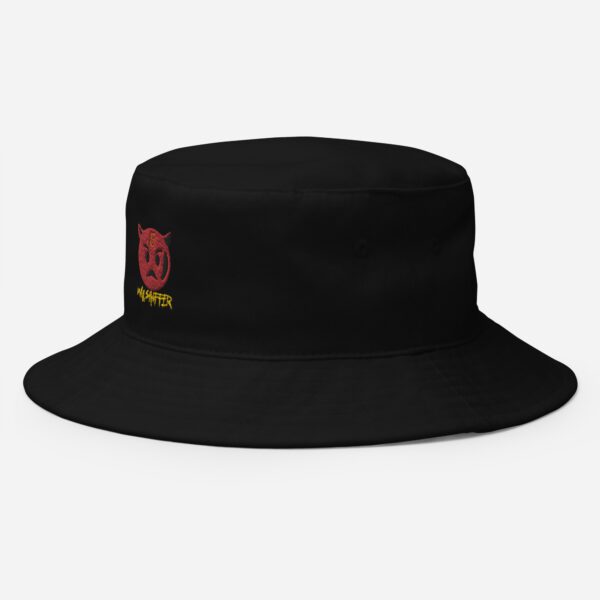 A black bucket hat with a red and yellow logo.