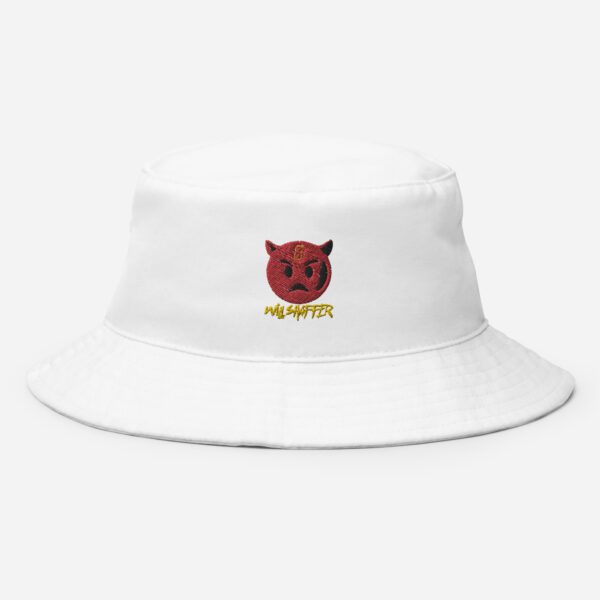 A white bucket hat with an image of a red devil.