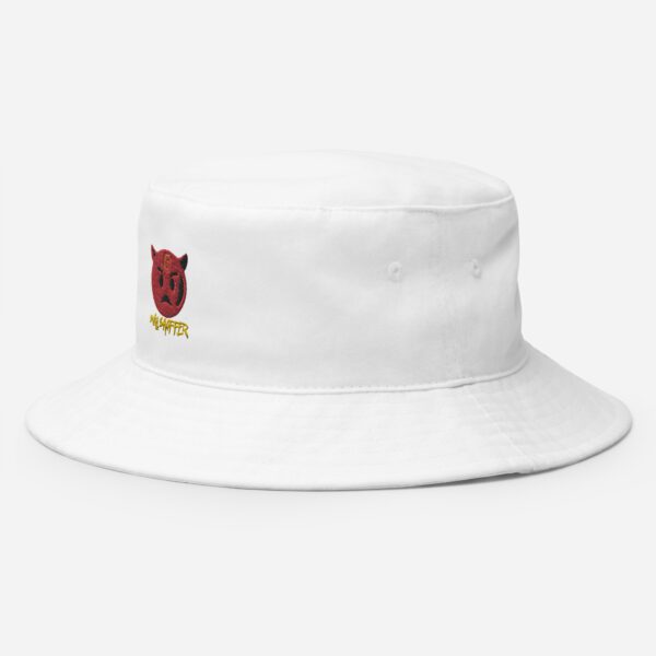 A white hat with a red and yellow logo on it.