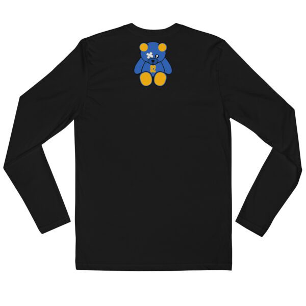 A black long sleeve shirt with a blue and yellow teddy bear on it.