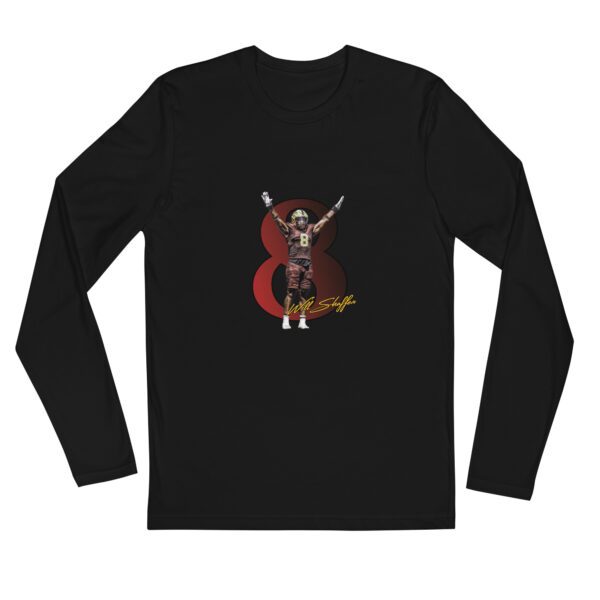 A black long sleeve shirt with a picture of a person holding a guitar.