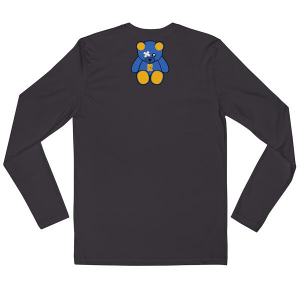 A black long sleeve shirt with a blue and yellow bear on it.