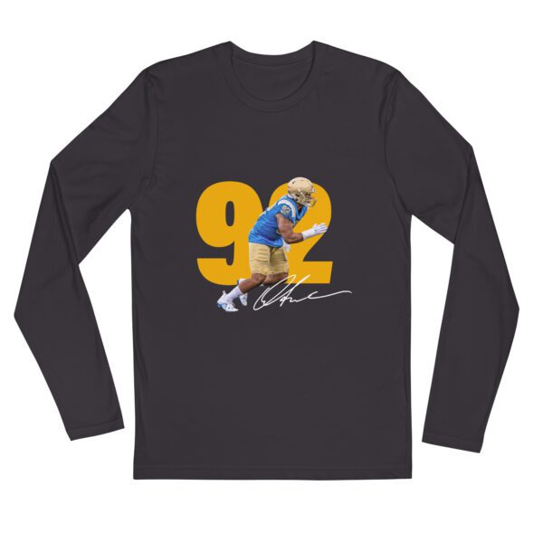 A long sleeve t-shirt with a picture of a man in blue and yellow.