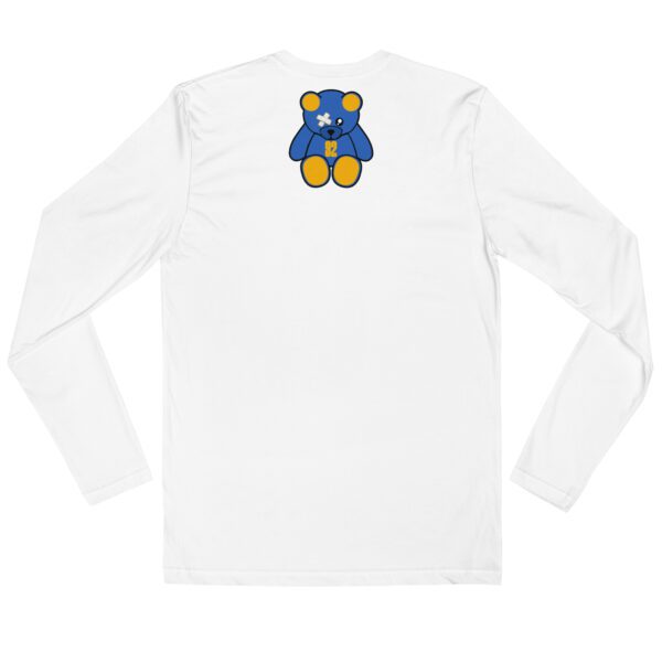 A white long sleeve shirt with a blue and yellow teddy bear on the back.