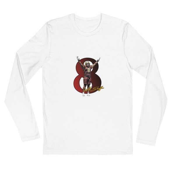 A white long sleeve t shirt with an image of a demon.