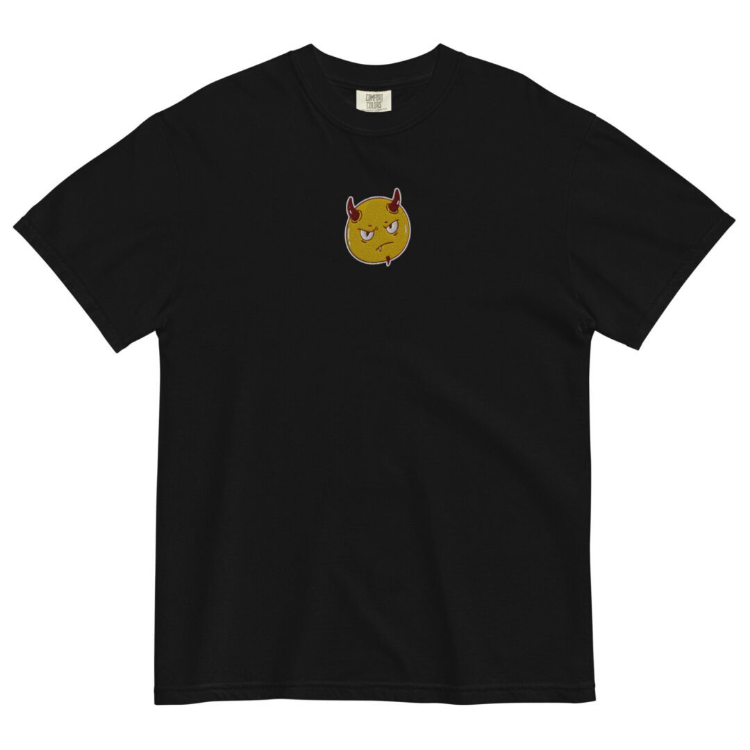 A black t-shirt with an embroidered cat on the front.