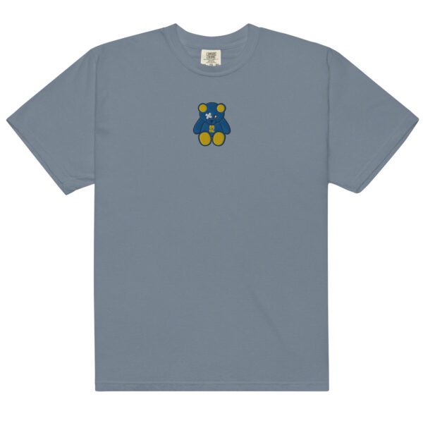 A gray t-shirt with an embroidered bear on the front.