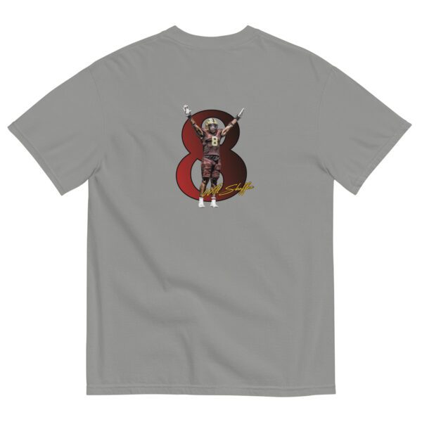 A gray t-shirt with an image of a dog.