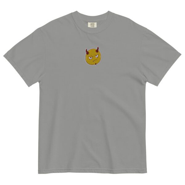 A gray t-shirt with an embroidered pikachu face.