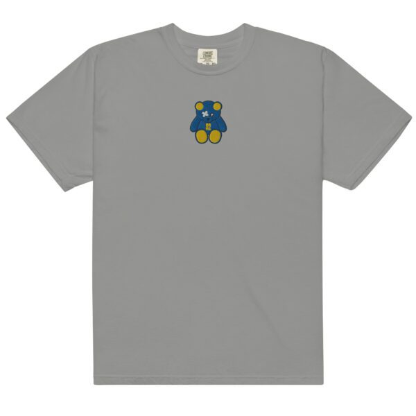 A gray t-shirt with an embroidered bear on the front.