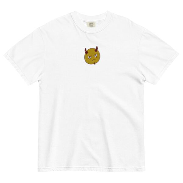 A white t-shirt with an embroidered cat face.