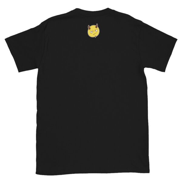 A black t-shirt with an image of a cat on it.