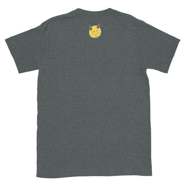 A gray t-shirt with a yellow and white logo.