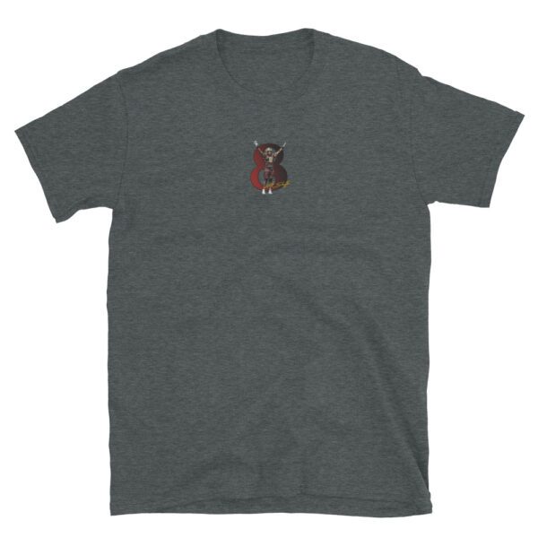 A gray t-shirt with an embroidered design of a person holding a gun.