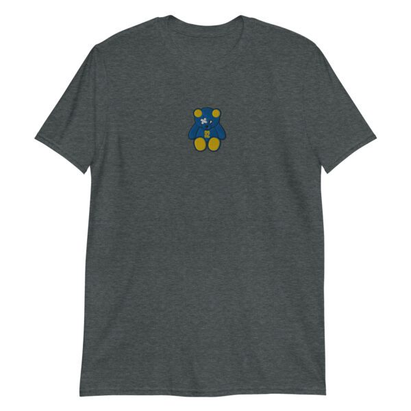 A gray t-shirt with a blue and yellow logo.