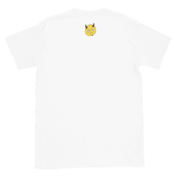 A white t-shirt with an image of a cat on the back.