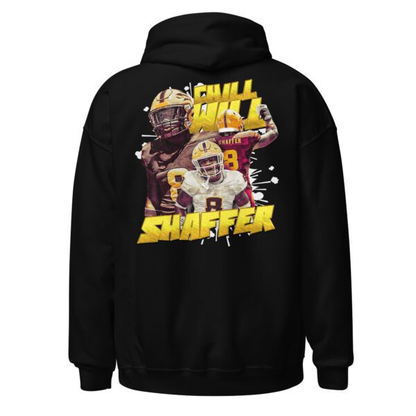 A black hoodie with a picture of two football players.