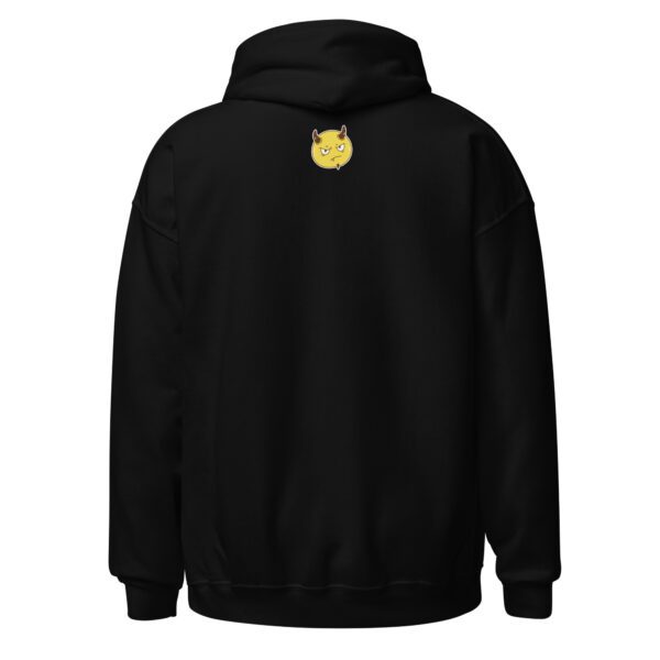 A black hoodie with a yellow and white logo.