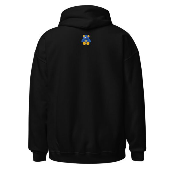 A black hoodie with a blue and yellow logo.