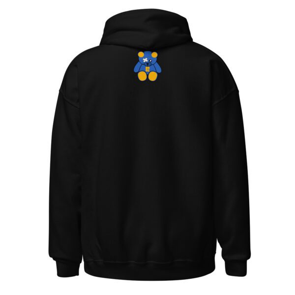 A black hoodie with a blue and yellow teddy bear on the back.