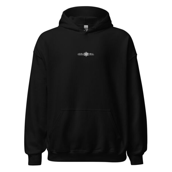 A black hoodie with a small logo on the front.