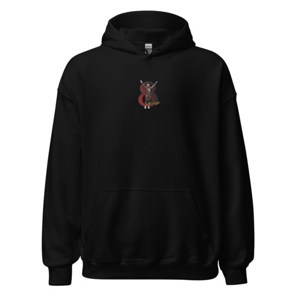 A black hoodie with a red and yellow logo.