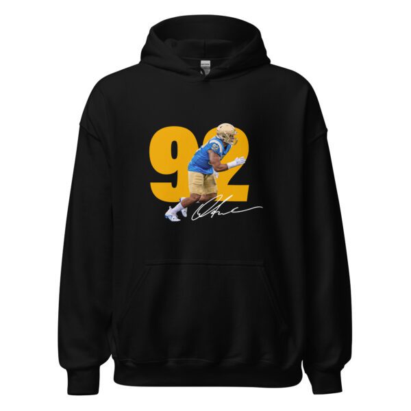 A black hoodie with a picture of a football player.