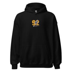 A black hoodie with the number 9 2 embroidered on it.