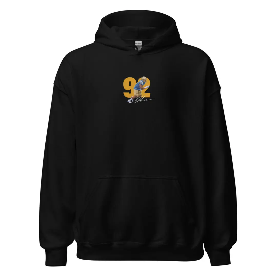 A black hoodie with the number 9 2 embroidered on it.