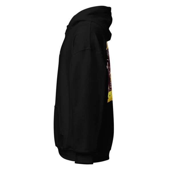 A black hoodie with a picture of a person