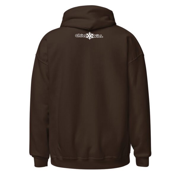 A brown hoodie with a white and black logo