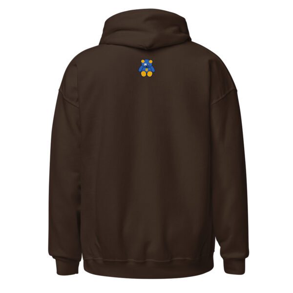 A brown hoodie with a blue and yellow logo on the back.