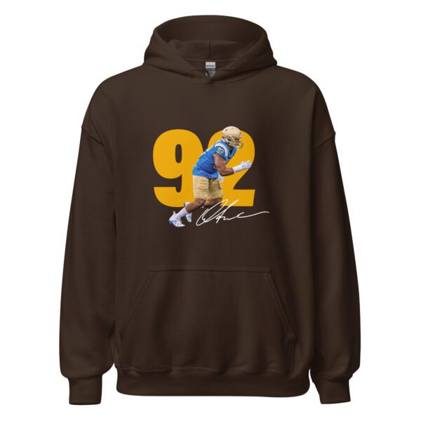 A brown hoodie with a picture of a man in blue and yellow.