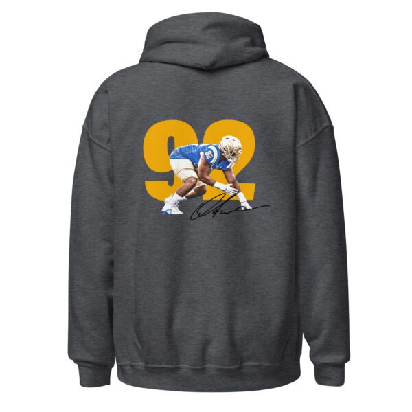 A gray hoodie with a football player on it.