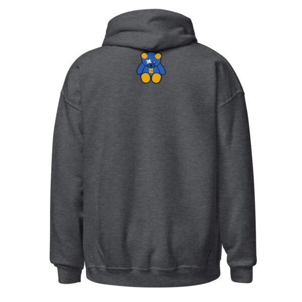 A gray hoodie with a blue and yellow design on the back.