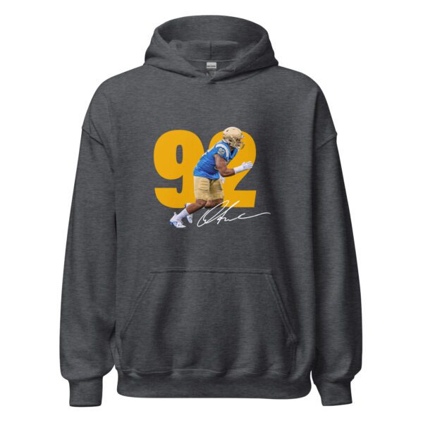 A gray hoodie with a picture of a man in a blue and yellow shirt.