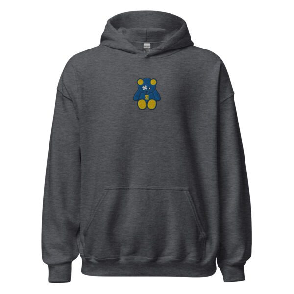 A gray hoodie with a blue and yellow design on the front.