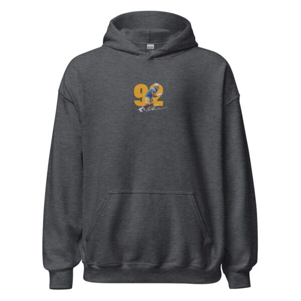 A gray hoodie with an orange and yellow logo.