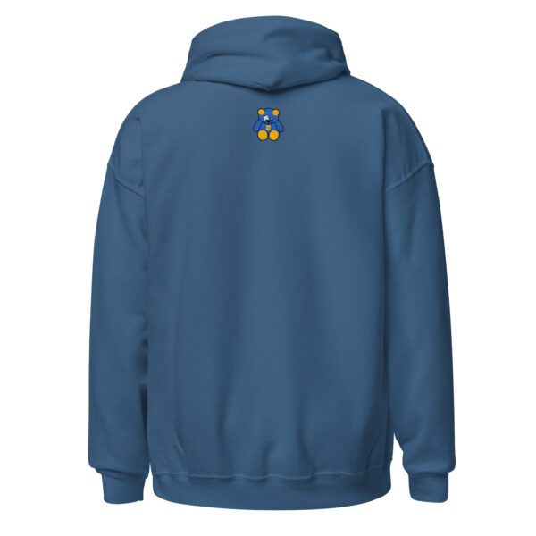 A blue hoodie with a yellow and red logo on the back.