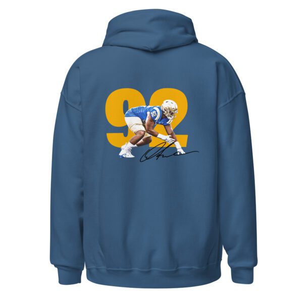 A blue hoodie with a picture of a football player.