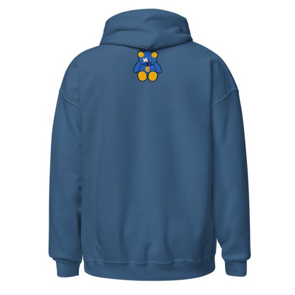 A blue hoodie with a yellow and blue design on the back.