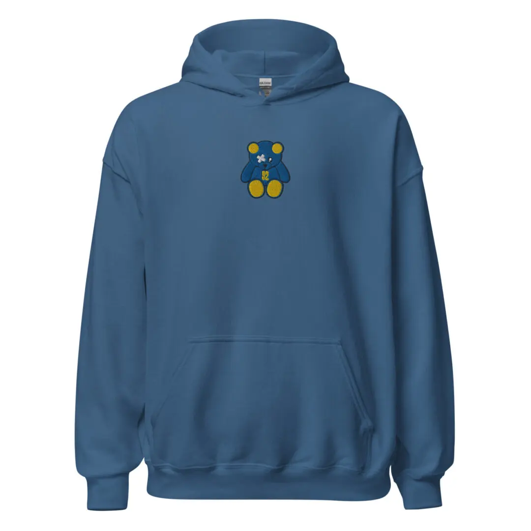 A blue hoodie with a yellow and white design on it.