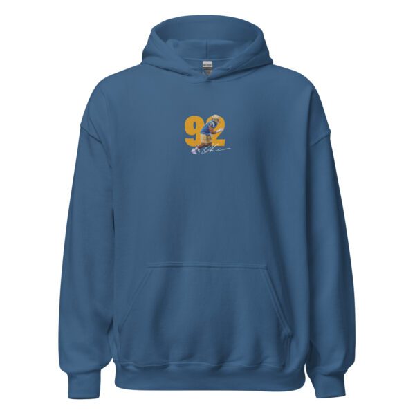 A blue hoodie with the number 9 2 on it.