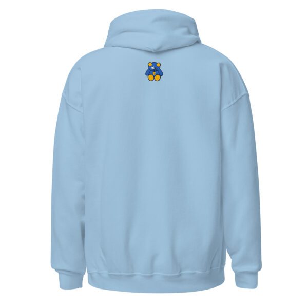 A light blue hoodie with an image of a cat on the back.