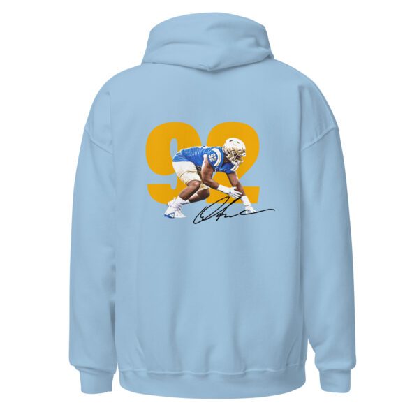 A light blue hoodie with an image of a football player.