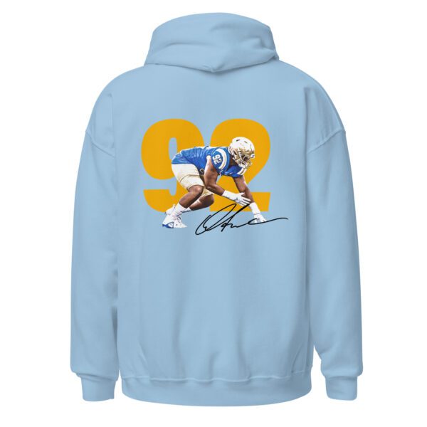 A light blue hoodie with an image of a football player.