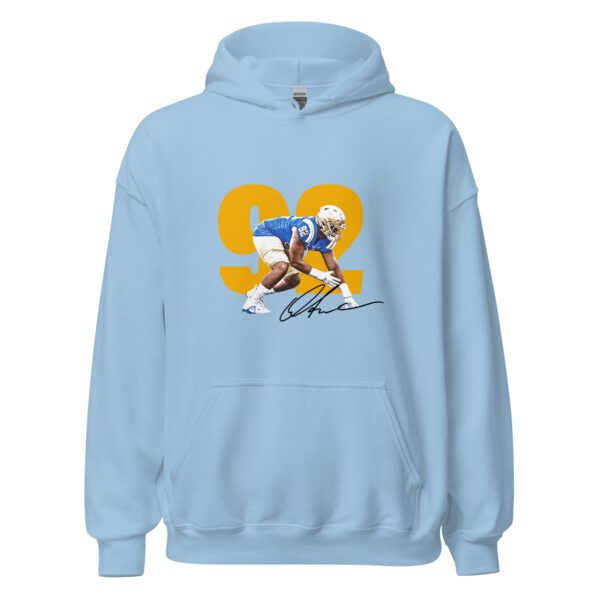 A light blue hoodie with an image of a person on it.